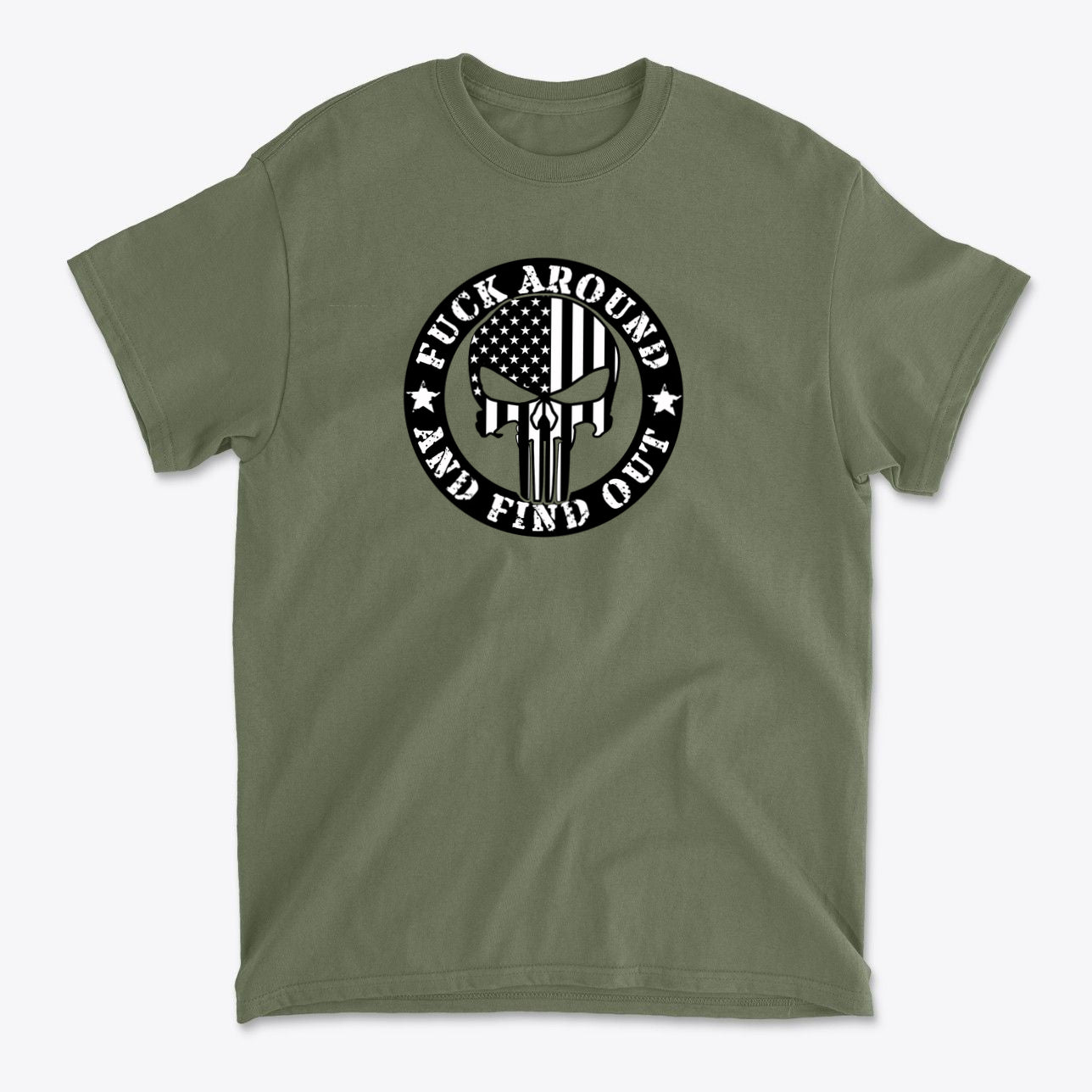 Fuck Around Find Out Graphic Tee featuring a bold design with American flag elements on an olive green shirt.