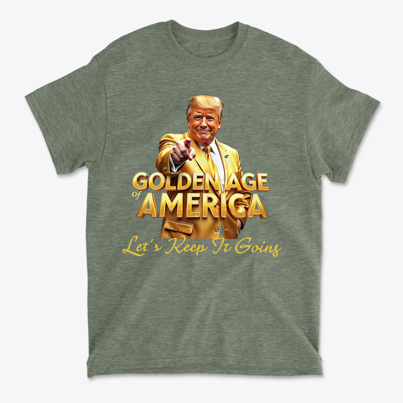 Golden Age Of America Let's Keep It Going graphic t-shirt featuring a smiling man in a yellow suit.