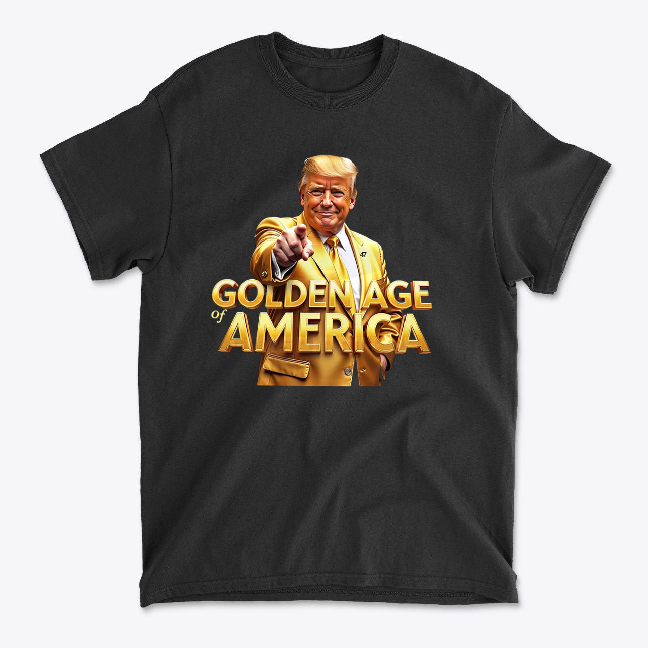 Golden Age Of America Apparel Art featuring a smiling man in a golden suit pointing, on a black t-shirt.