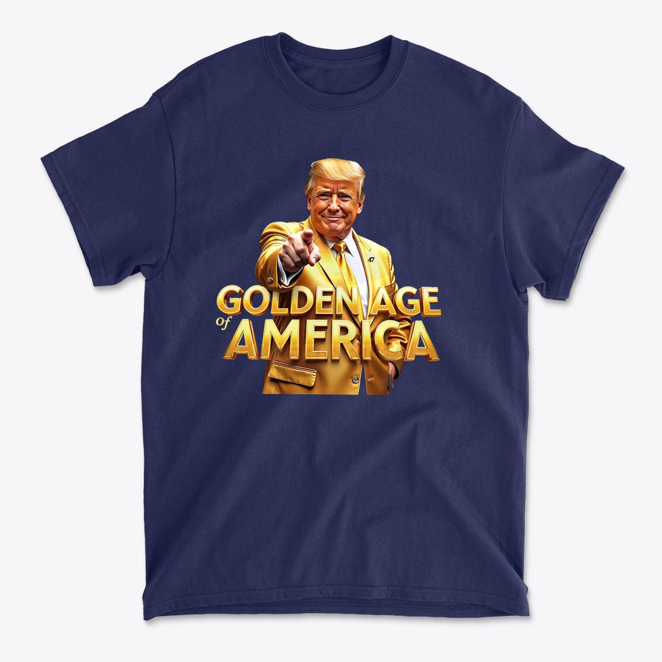 Golden Age Of America Apparel Art featuring a smiling man in a suit on a navy t-shirt.