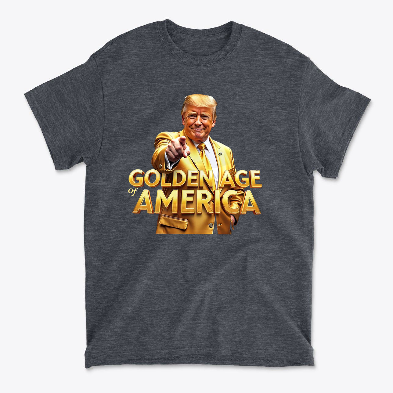 Golden Age Of America Apparel Art featuring a cheerful man in a suit pointing, representing patriotism and national values.