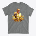 Golden Age Of America Apparel Art featuring a smiling man in a golden suit pointing, on a gray t-shirt.