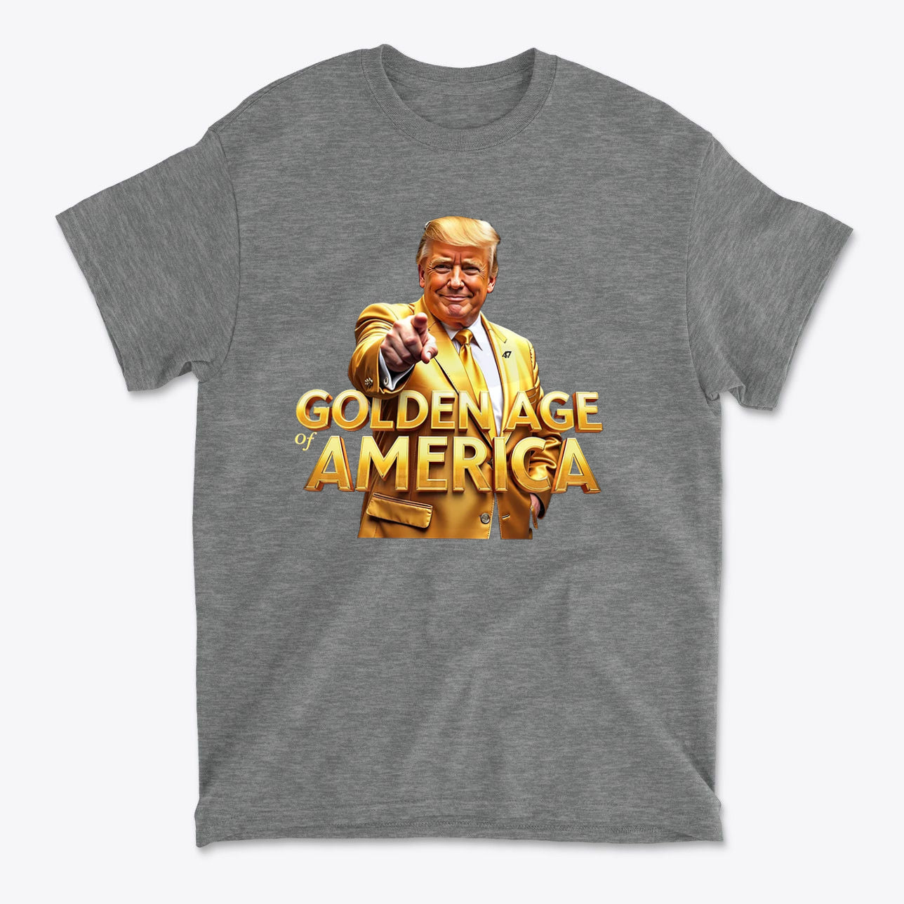 Golden Age Of America Apparel Art featuring a smiling man in a golden suit pointing, on a gray t-shirt.