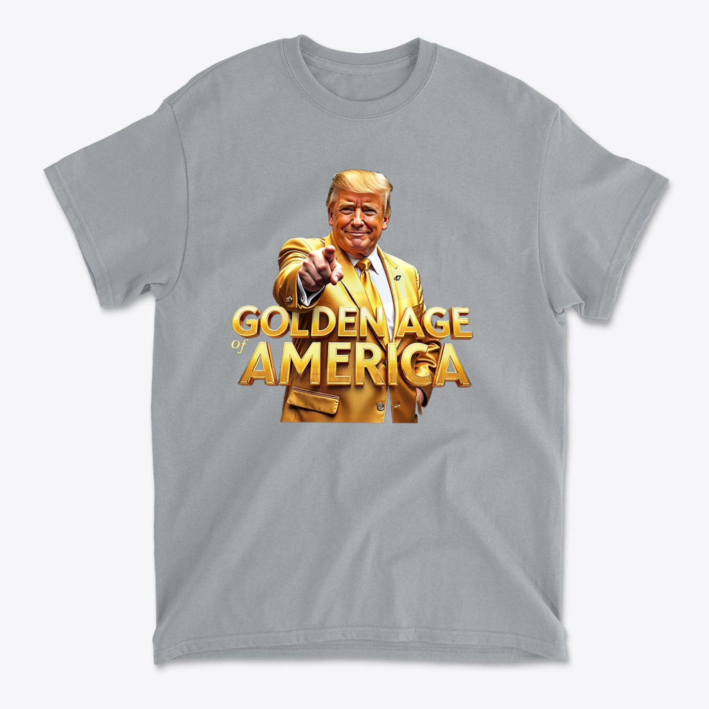 Golden Age Of America Apparel Art featuring a man in a yellow suit pointing, representing patriotic values.