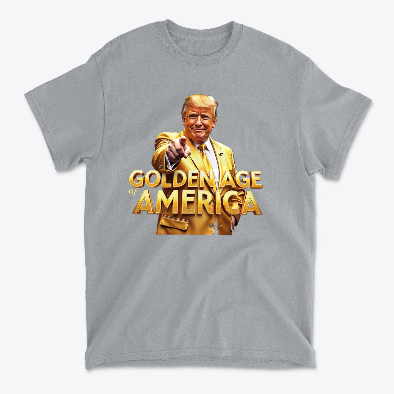 Golden Age Of America Apparel Art featuring a man in a yellow suit pointing, representing patriotic values.