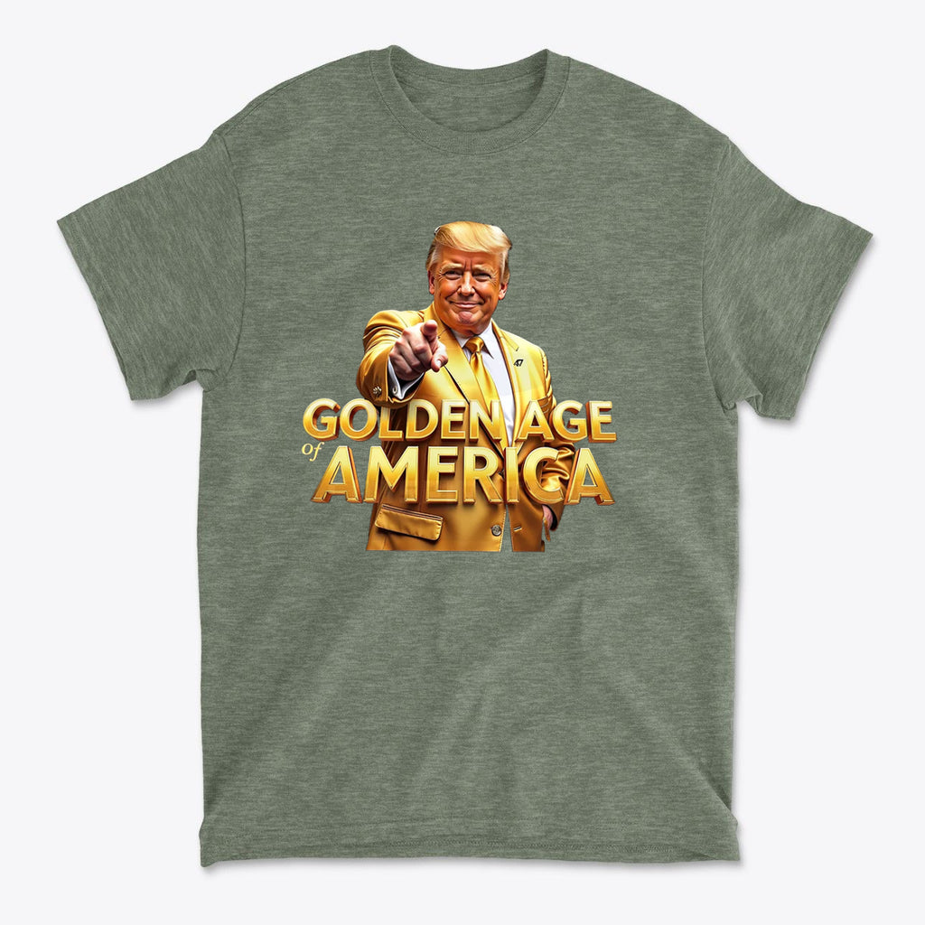 Golden Age Of America Apparel Art t-shirt featuring a character in a yellow suit, expressing patriotic values.