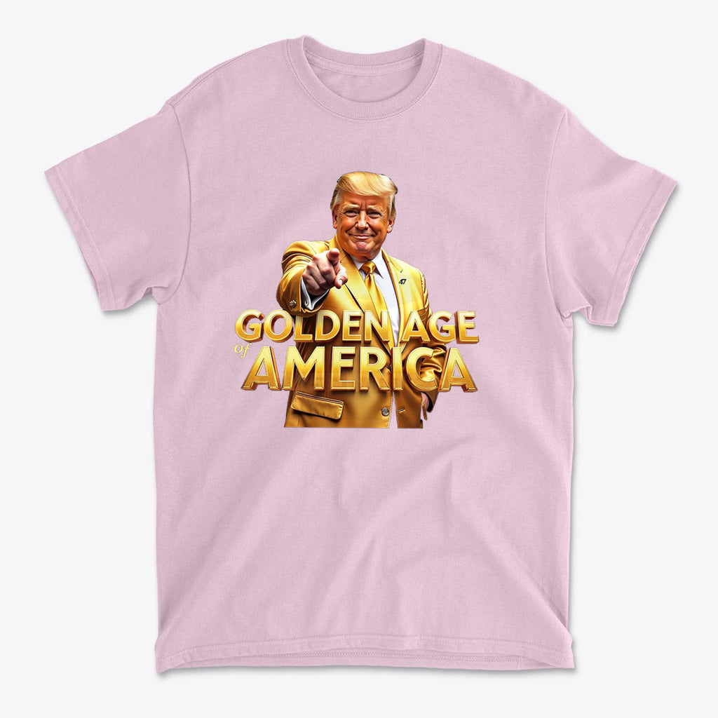 Golden Age Of America Apparel Art t-shirt featuring vibrant design of a smiling figure on a pink background.