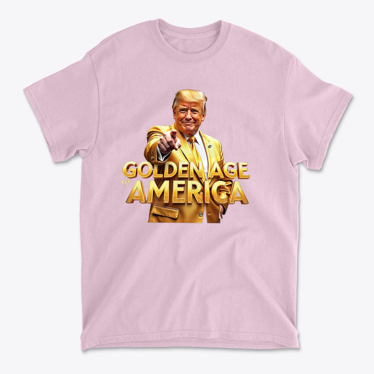 Golden Age Of America Apparel Art t-shirt featuring vibrant design of a smiling figure on a pink background.