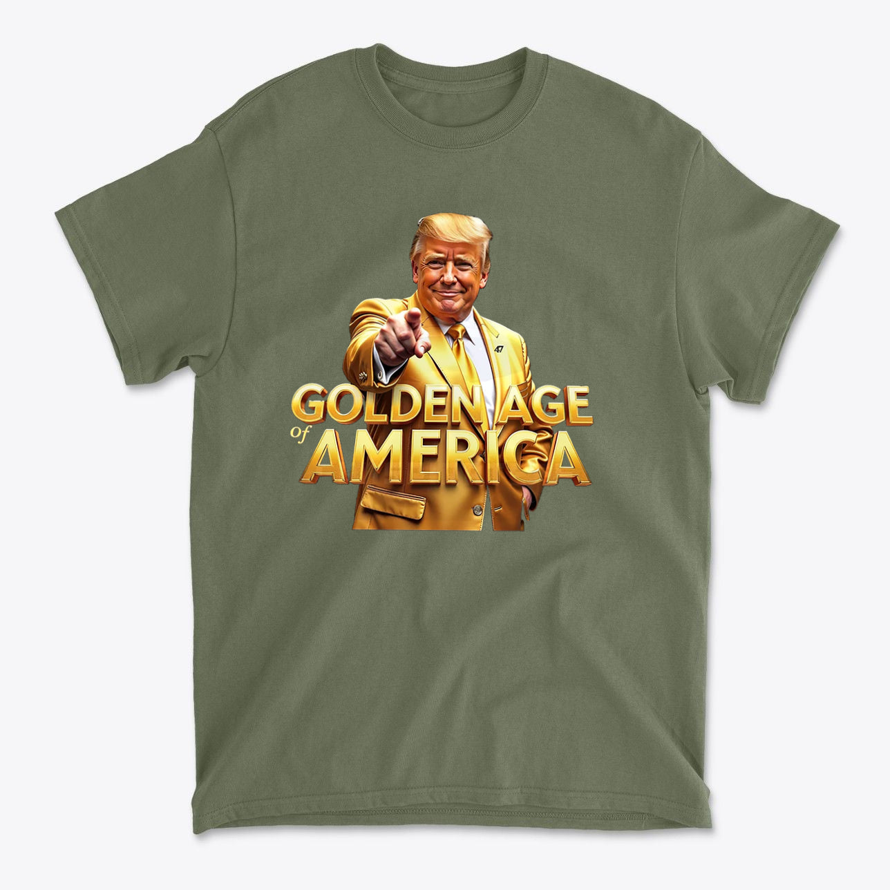 Golden Age Of America Apparel Art featuring a smiling man pointing in a golden jacket on a green t-shirt.