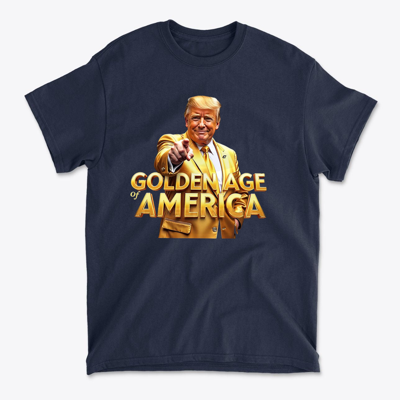 Golden Age Of America Apparel Art featuring a smiling man in a golden suit pointing at the viewer on a navy t-shirt.
