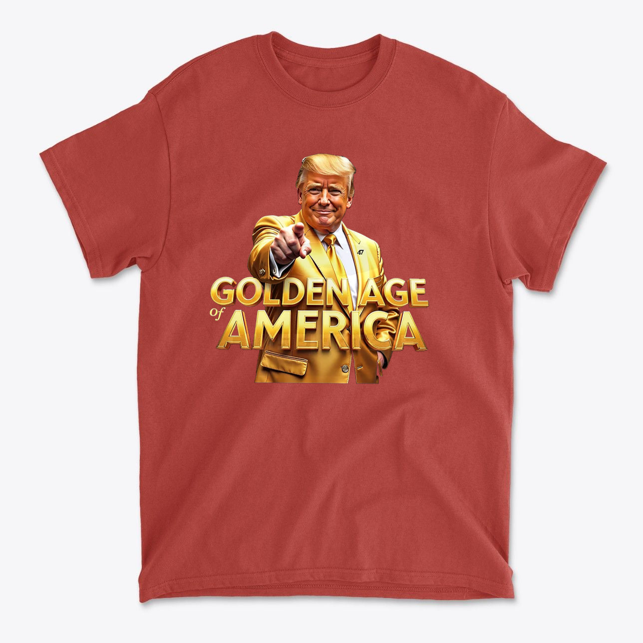 Golden Age Of America Apparel Art featuring a confident figure in a golden suit on a red t-shirt.