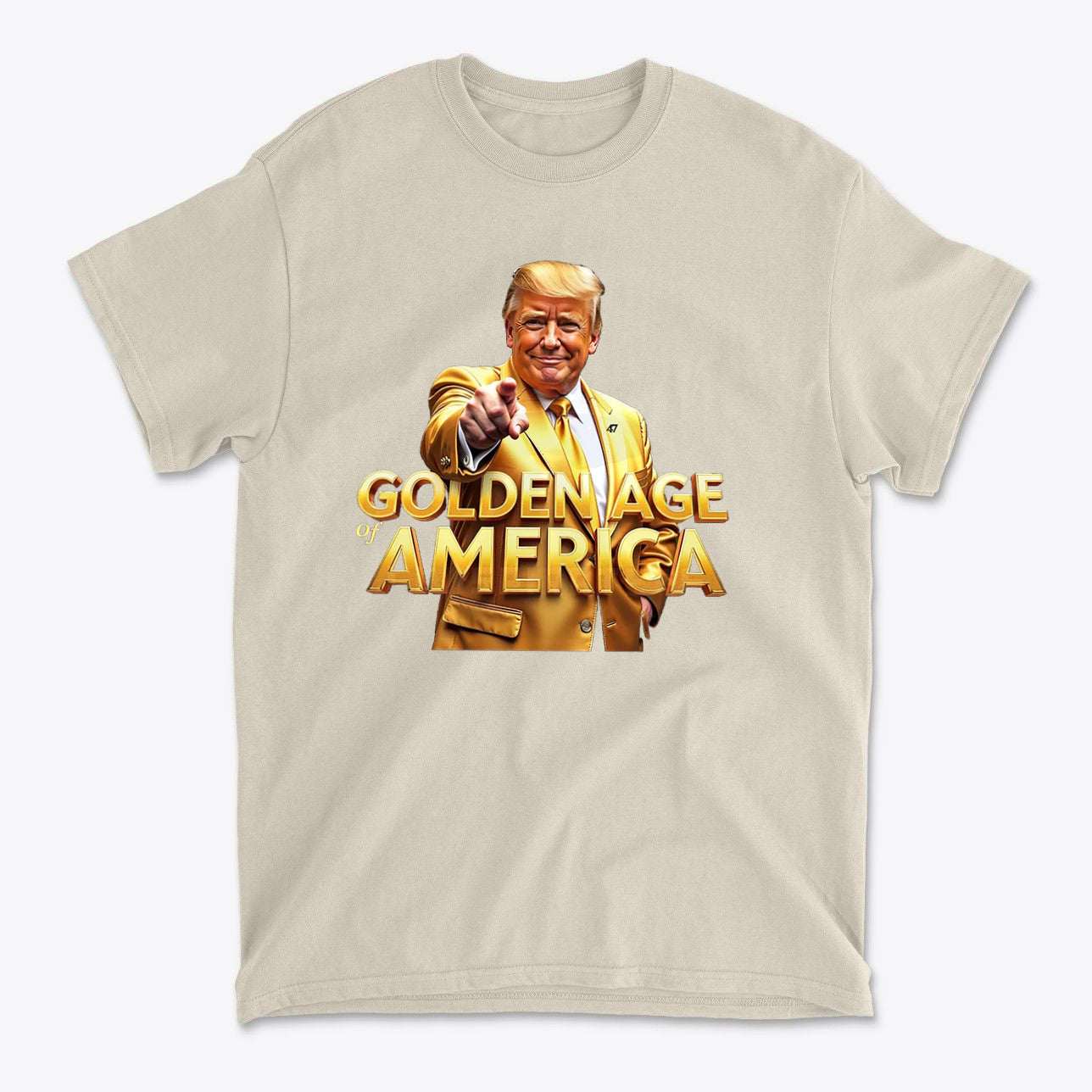 Golden Age Of America Apparel Art t-shirt featuring a smiling figure in a golden suit with the text 'Golden Age Of America'.