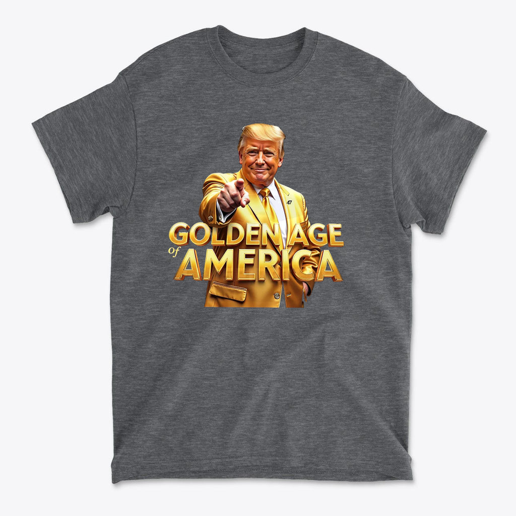 Golden Age Of America Apparel Art t-shirt featuring a smiling man in a golden suit pointing.
