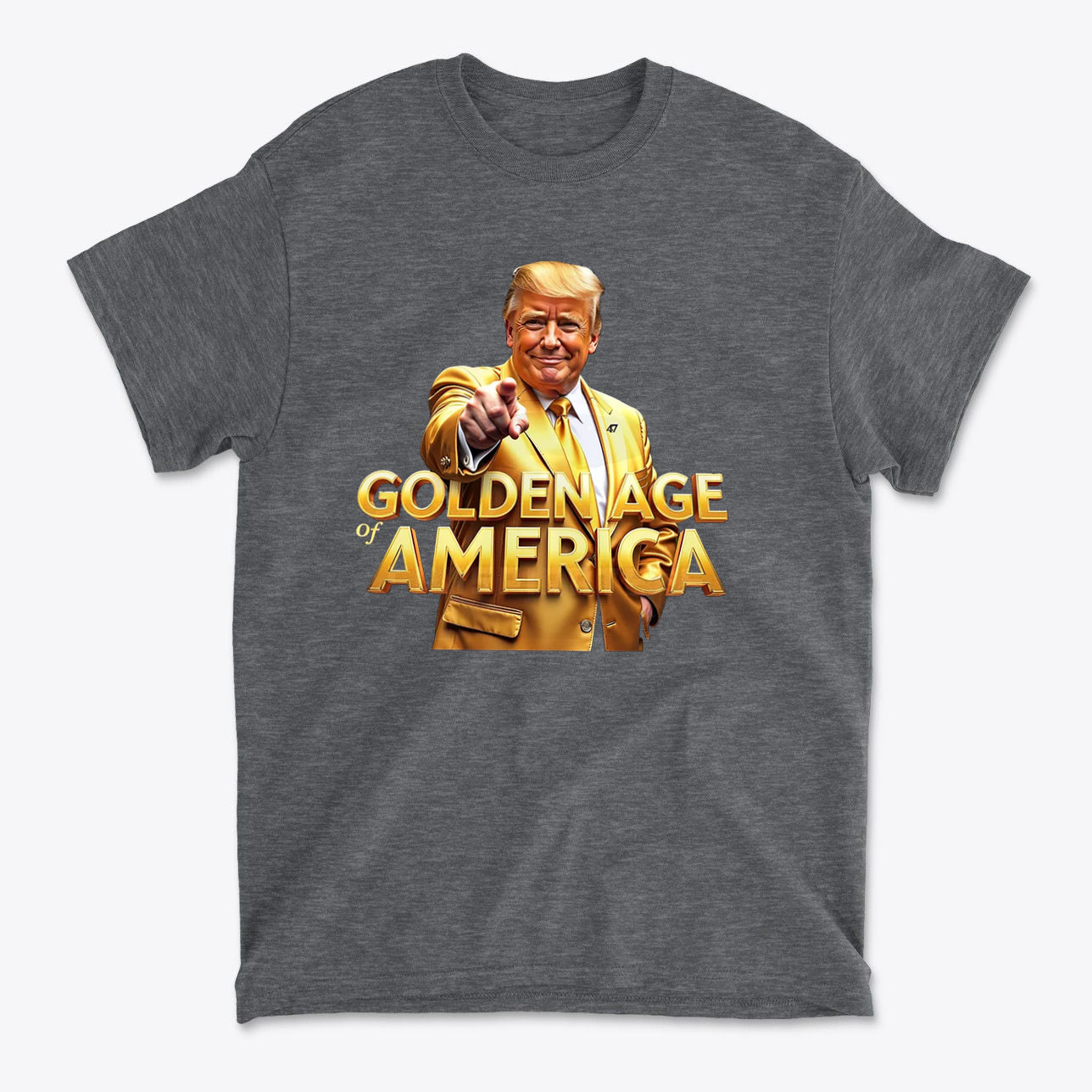 Golden Age Of America Apparel Art t-shirt featuring a smiling man in a golden suit pointing.