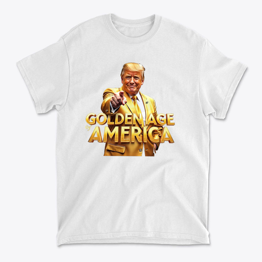 Golden Age Of America Apparel Art featuring a smiling man in a golden suit pointing on a white t-shirt.