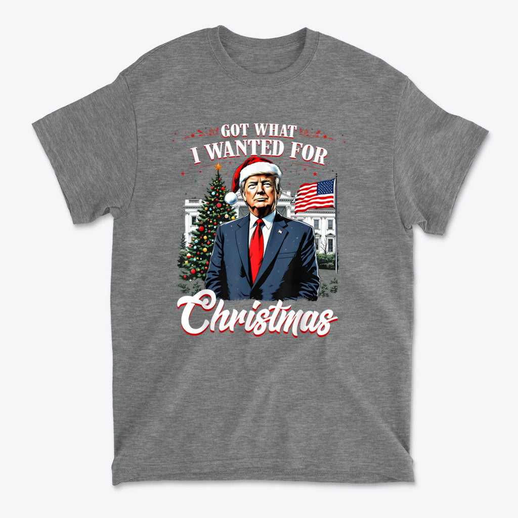 I Got What I Wanted For Christmas graphic t-shirt featuring a man in a suit with a Santa hat and Christmas tree.