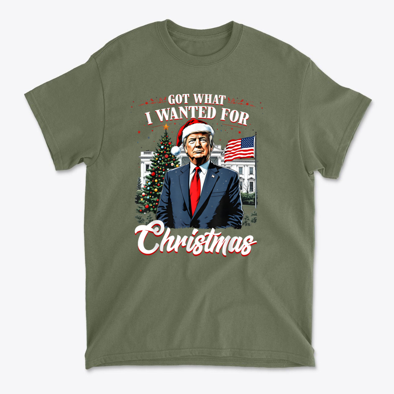 I Got What I Wanted For Christmas festive t-shirt featuring a character in a Santa hat against a holiday backdrop.