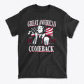 Great American Comeback 45 47 T Shirt featuring bold design with American flags and political imagery.