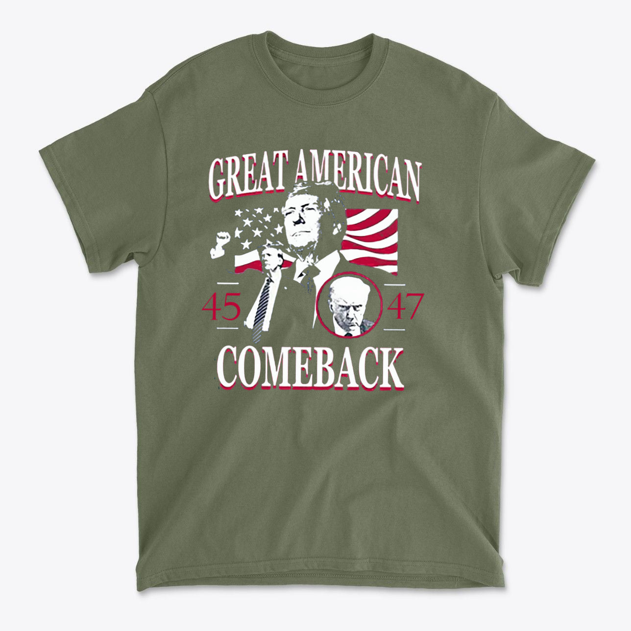 Great American Comeback 45 47 T Shirt featuring bold graphics of political leaders and American flags.