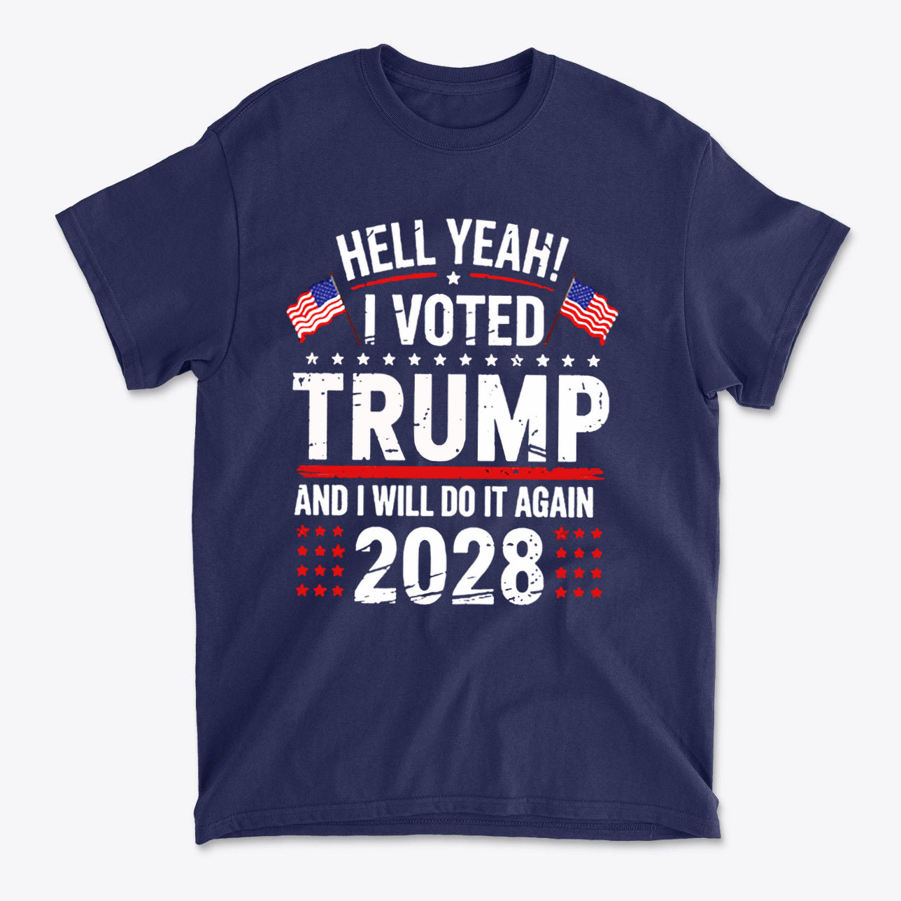 Hell Yeah I Voted Again 2028 Trump t-shirt featuring patriotic design with red, white, and blue colors.