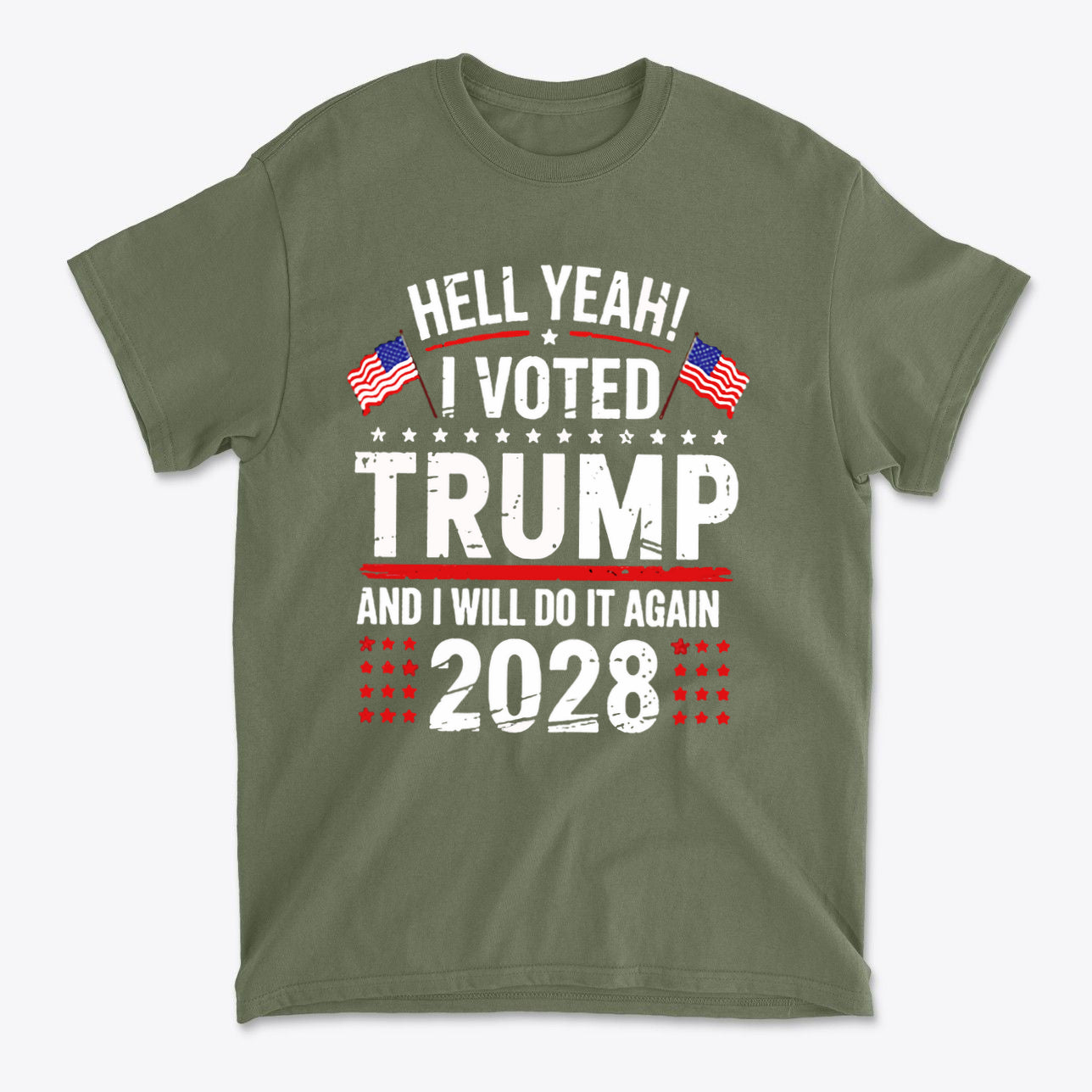 Hell Yeah I Voted Again 2028 Trump graphic t-shirt featuring patriotic design and bold text.