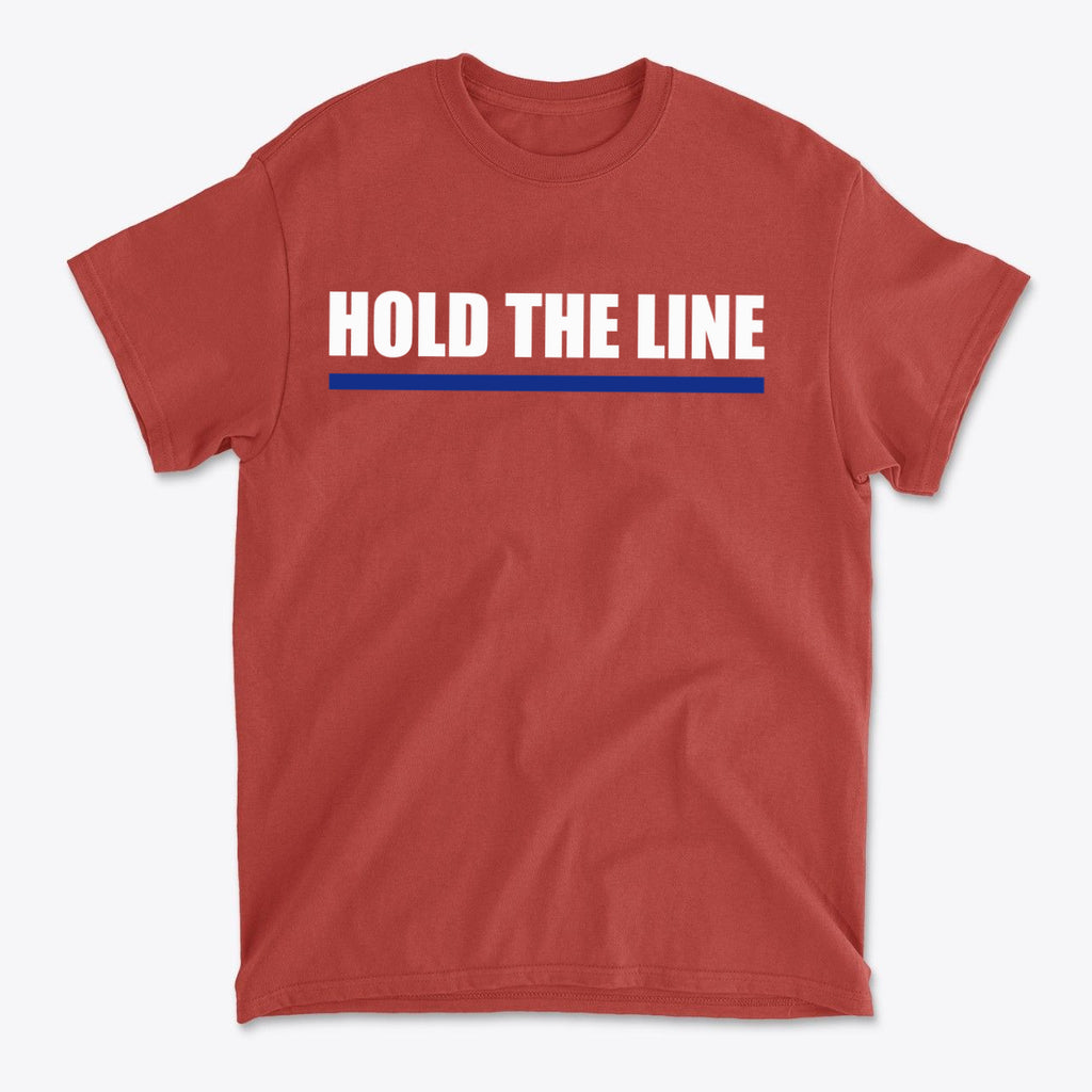 Hold The Line White Letters T Shirt in red with bold white lettering and blue underline.