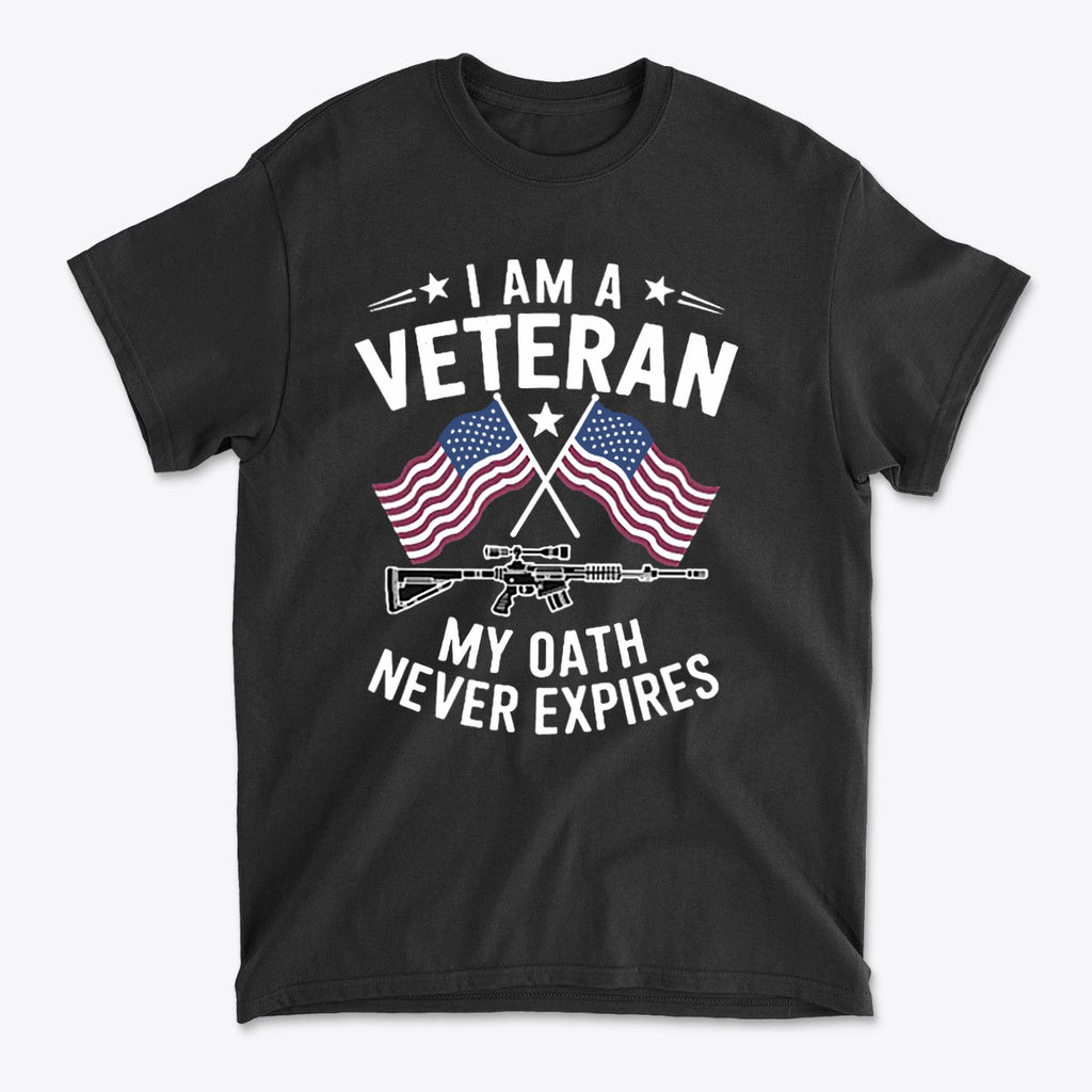 I Am A Veteran My Oath Never Expires t-shirt featuring American flags and a rifle design on a black background.