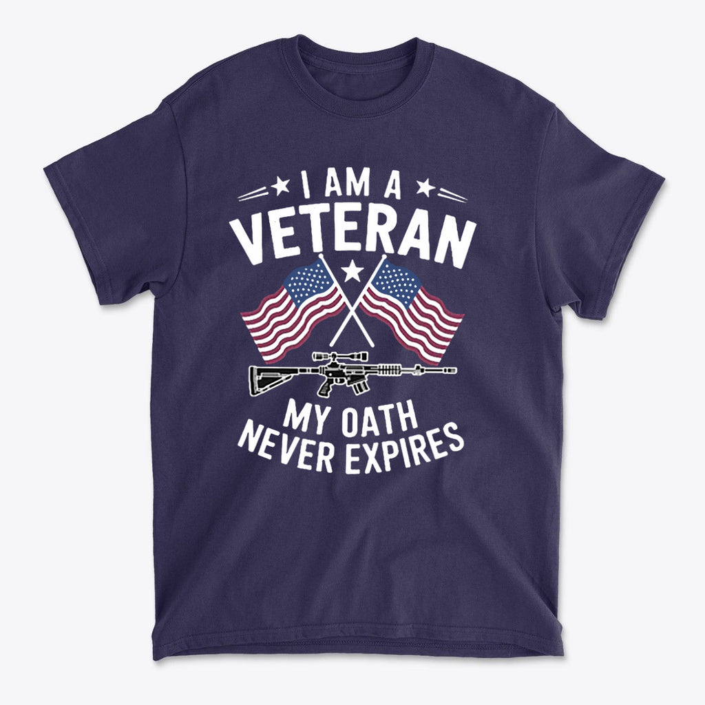 I Am A Veteran My Oath Never Expires t-shirt featuring American flags and a rifle design.