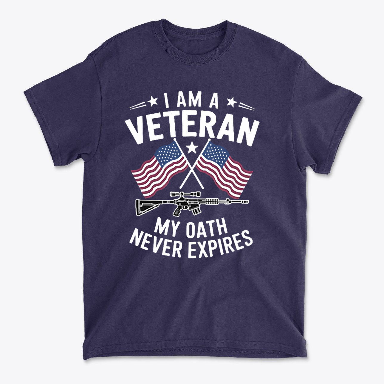 I Am A Veteran My Oath Never Expires t-shirt featuring American flags and a rifle design.