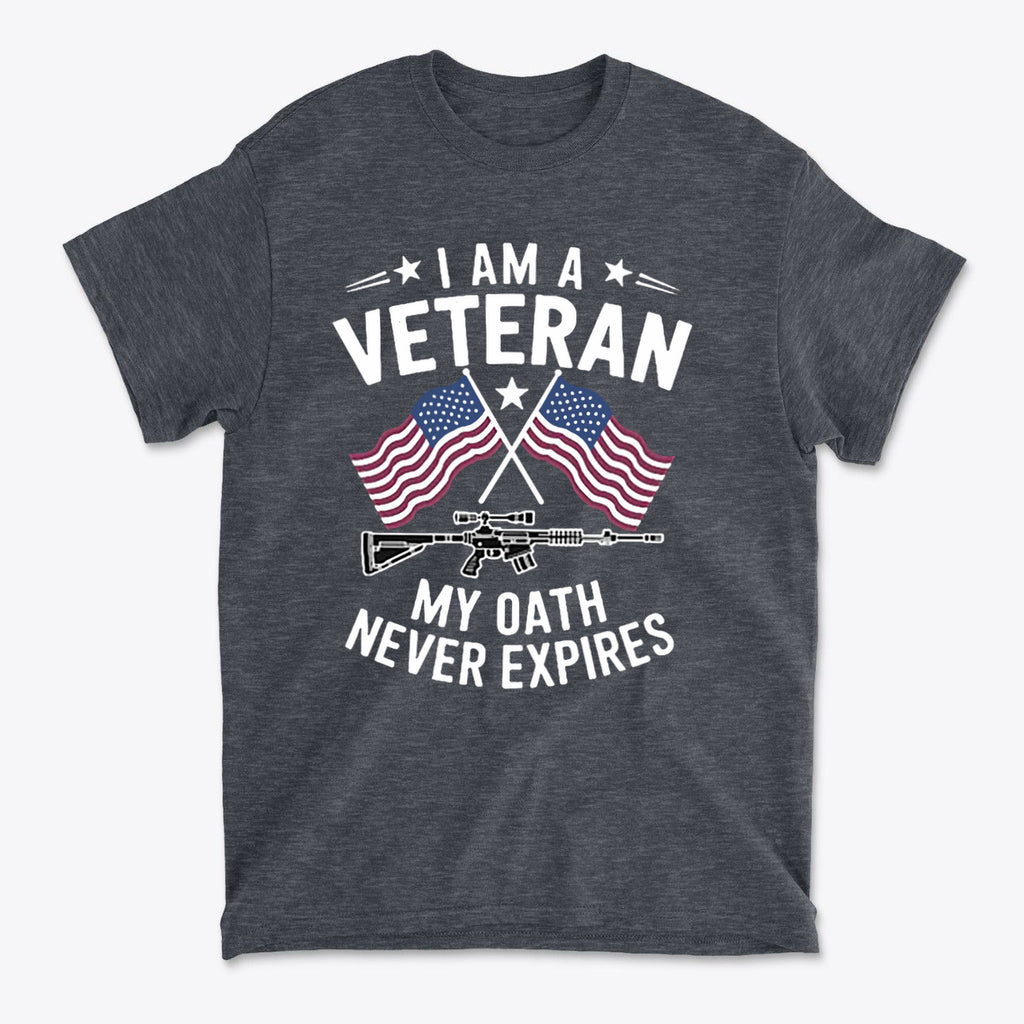 I Am A Veteran My Oath Never Expires graphic t-shirt featuring American flags and rifle design.