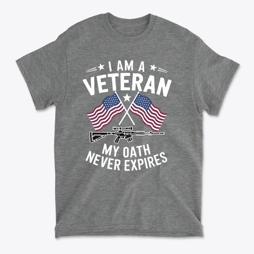 I Am A Veteran My Oath Never Expires T-shirt with American flags and a rifle design.
