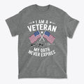 I Am A Veteran My Oath Never Expires T-shirt with American flags and a rifle design.