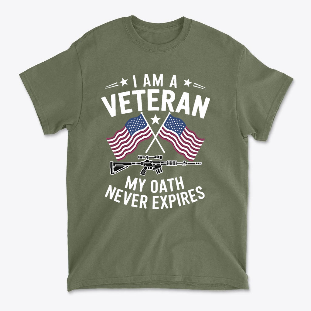 I Am A Veteran My Oath Never Expires t-shirt featuring crossed flags and a rifle design.