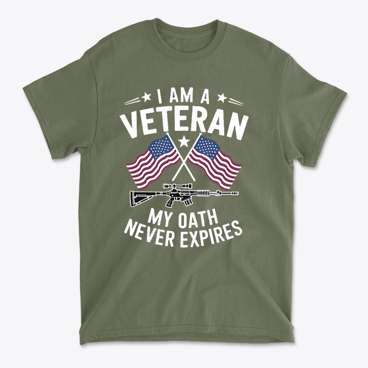 I Am A Veteran My Oath Never Expires t-shirt featuring crossed flags and a rifle design.
