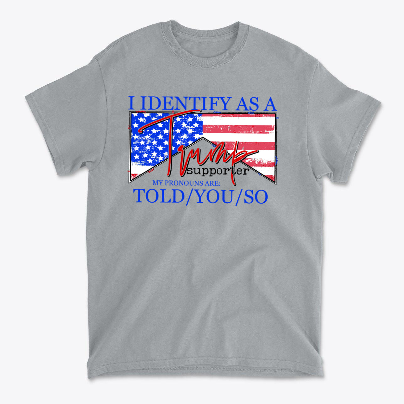 I Identify As A Trump Supporter T-shirt with American flag design and bold text.