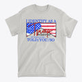I Identify As A Trump Supporter t-shirt with American flag design and bold text in red and blue.