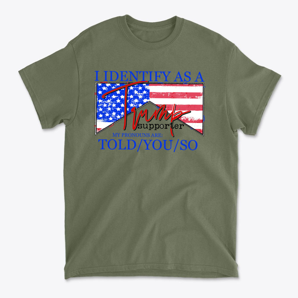 I Identify As A Trump Supporter t-shirt featuring American flag design and bold text statement.