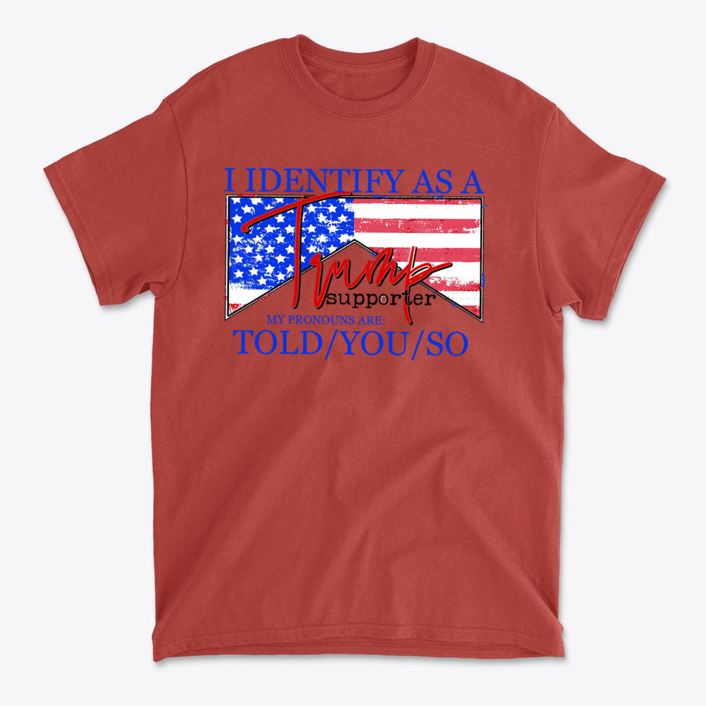 I Identify As A Trump Supporter t-shirt featuring the American flag and bold statement design.