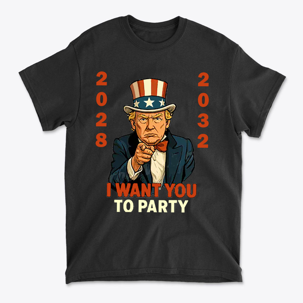 I Want You To Party Campaign 2028 Shirt featuring an animated character pointing and wearing a patriotic hat.