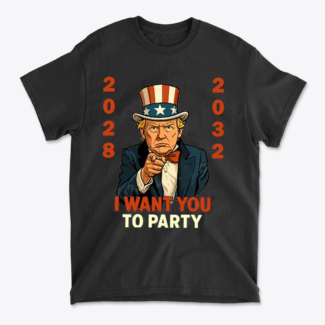 I Want You To Party Campaign 2028 Shirt featuring an animated character pointing and wearing a patriotic hat.