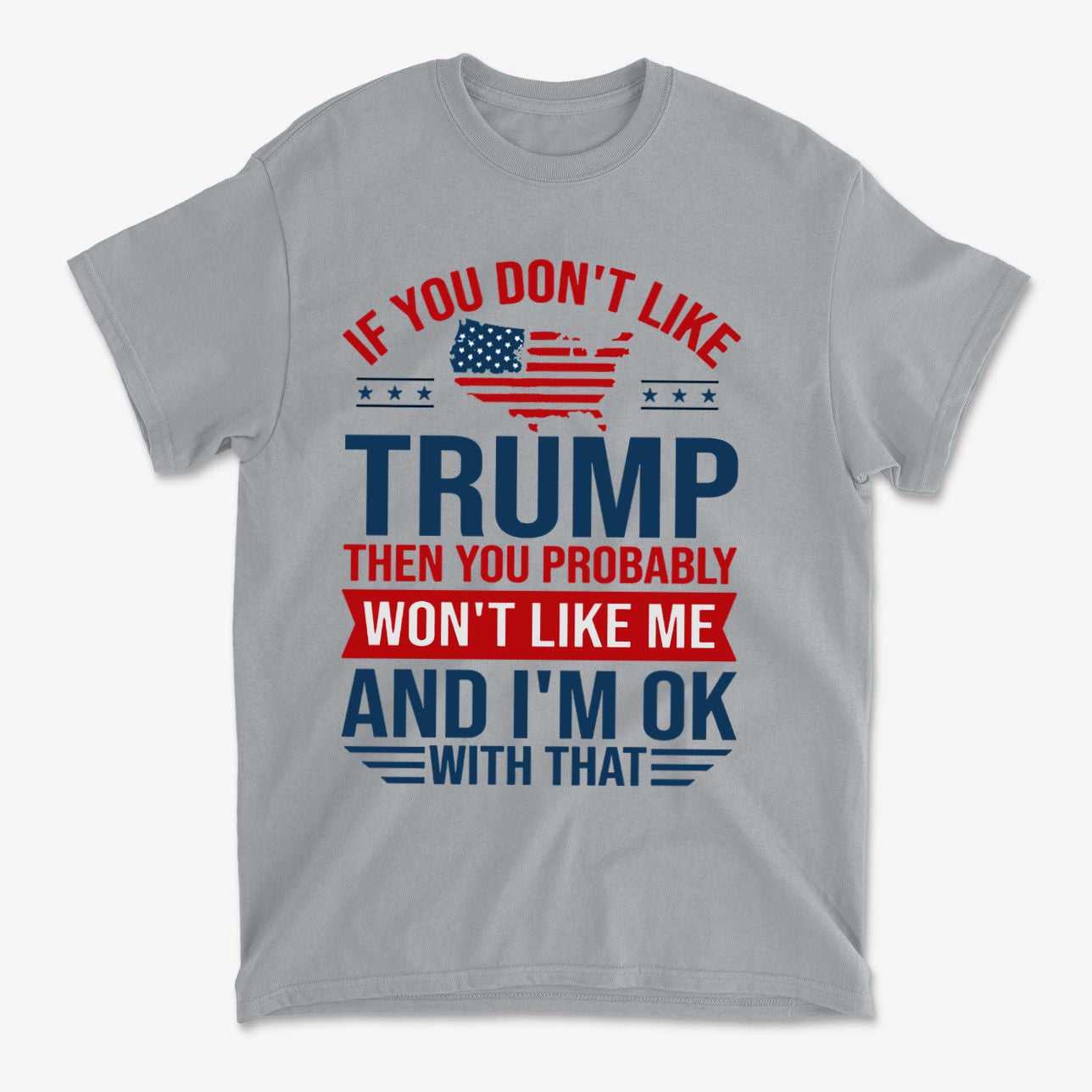 Trump Supporter USA Flag Graphic Tee featuring bold text on a gray shirt with patriotic colors.