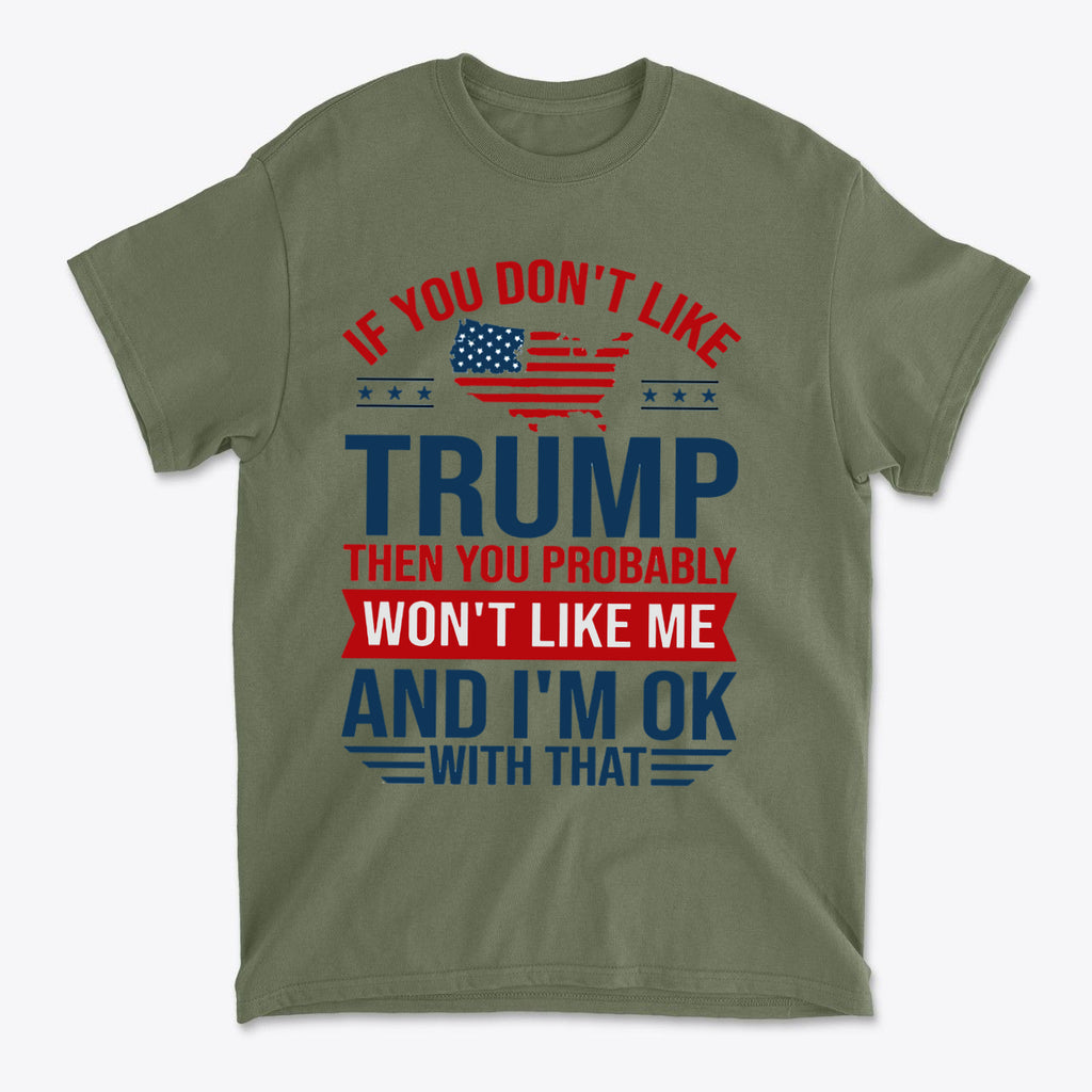 Trump Supporter USA Flag Graphic Tee with bold text expressing political views and patriotic themes on an olive green shirt.