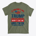 Trump Supporter USA Flag Graphic Tee with bold text expressing political views and patriotic themes on an olive green shirt.