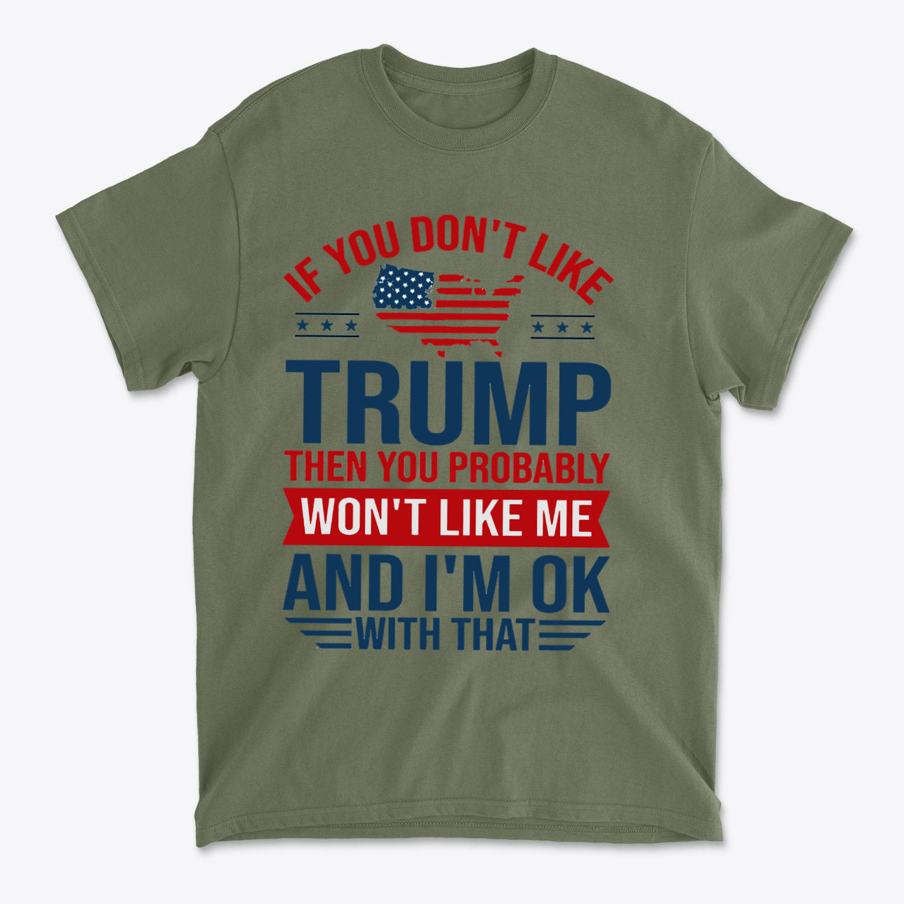 Trump Supporter USA Flag Graphic Tee with bold text expressing political views and patriotic themes on an olive green shirt.