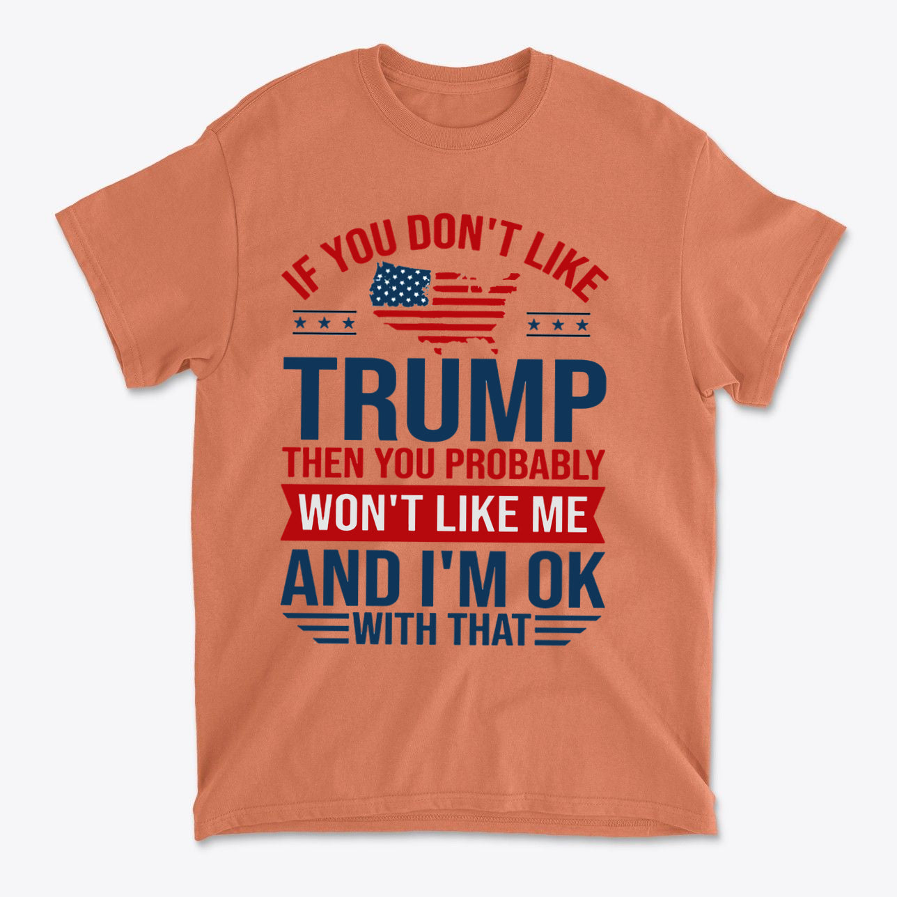 Trump Supporter USA Flag Graphic Tee with bold text expressing political opinions and patriotic themes.