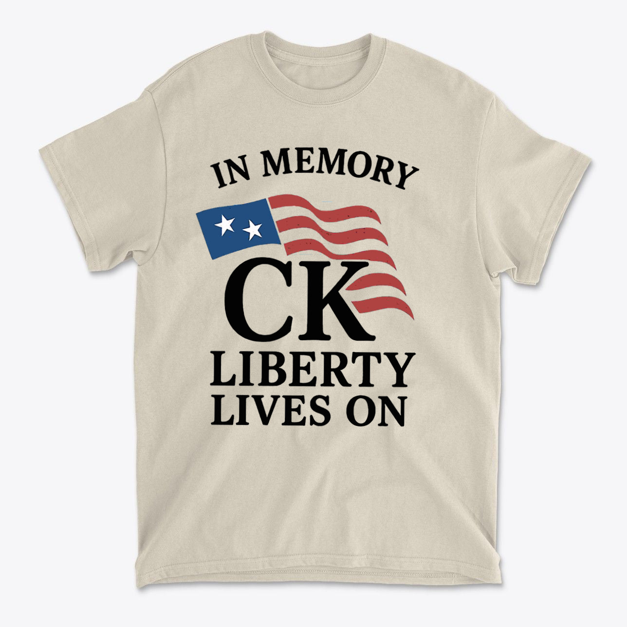 In Memory Of CK Charlie Kirk Liberty Lives On t-shirt featuring American flag design.