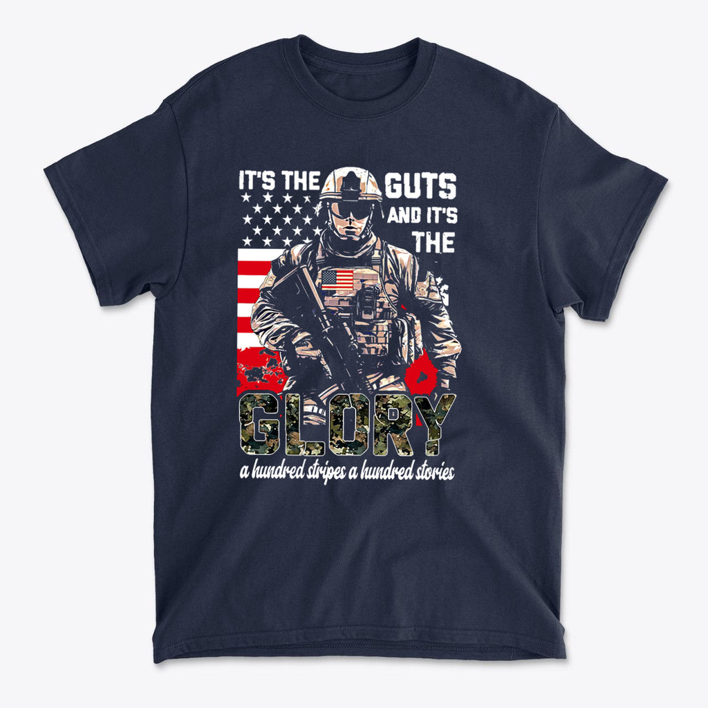 It's The Guts And It's The Glory graphic t-shirt featuring patriotic design and soldier illustration.
