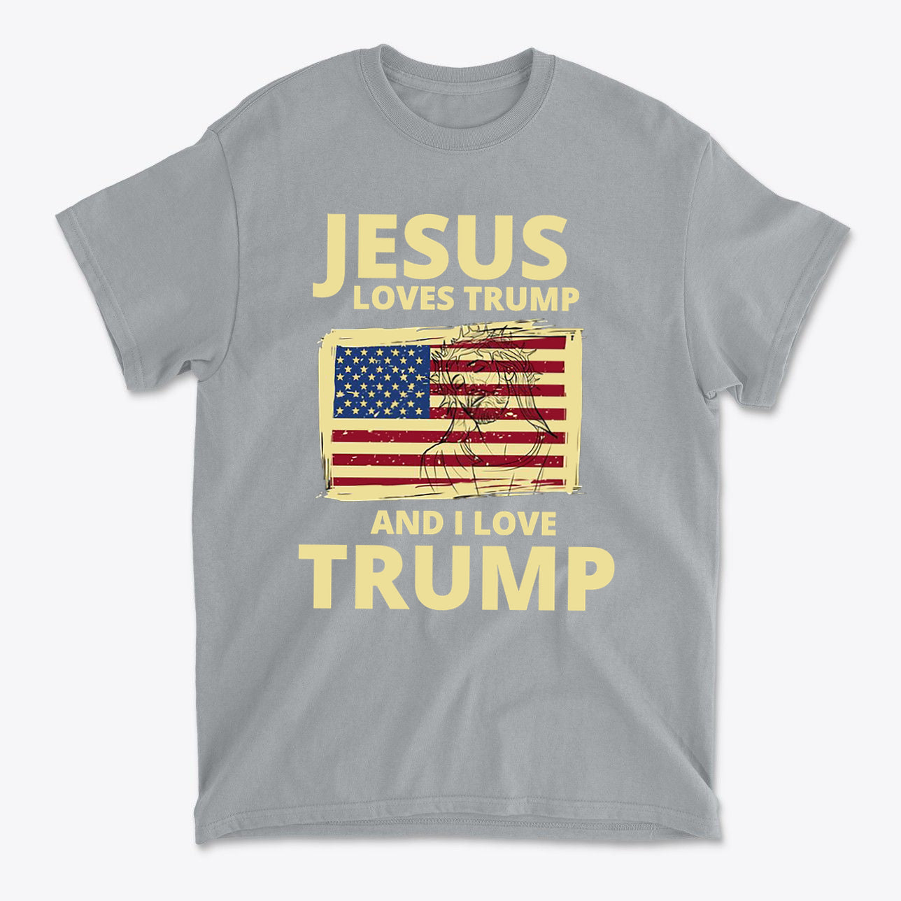 Jesus Loves Trump And I Love Trump graphic t-shirt featuring American flag design on a gray background.