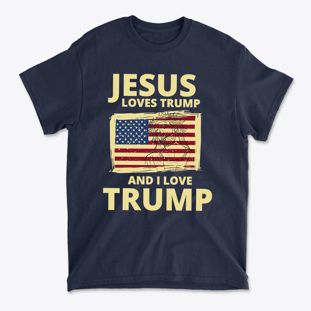 Jesus Loves Trump And I Love Trump graphic t-shirt featuring American flag design.
