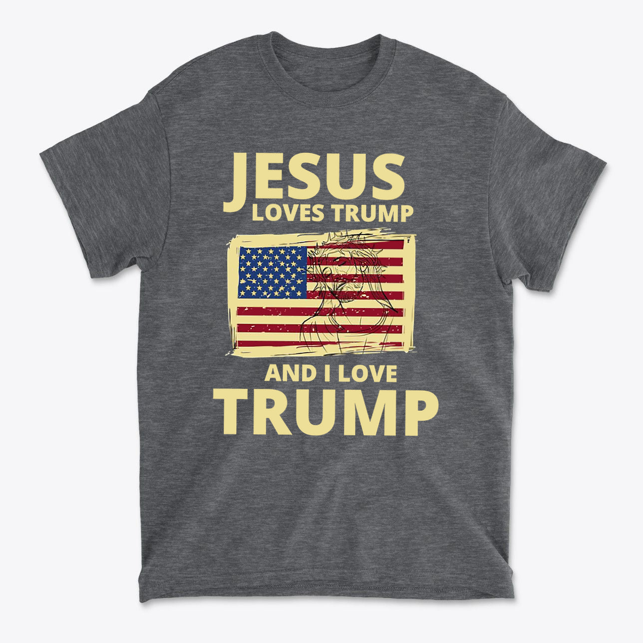 Jesus Loves Trump And I Love Trump graphic tee featuring an American flag design.